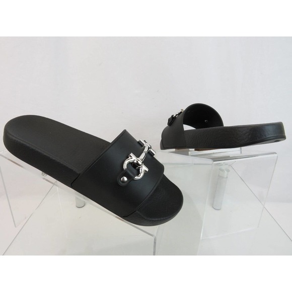 NIB FERRAGAMO GROOVY 11 BLACK RUBBER SILVER GANCINI BIT LOGO SANDALS SLIDES 10 M - Picture 7 of 13